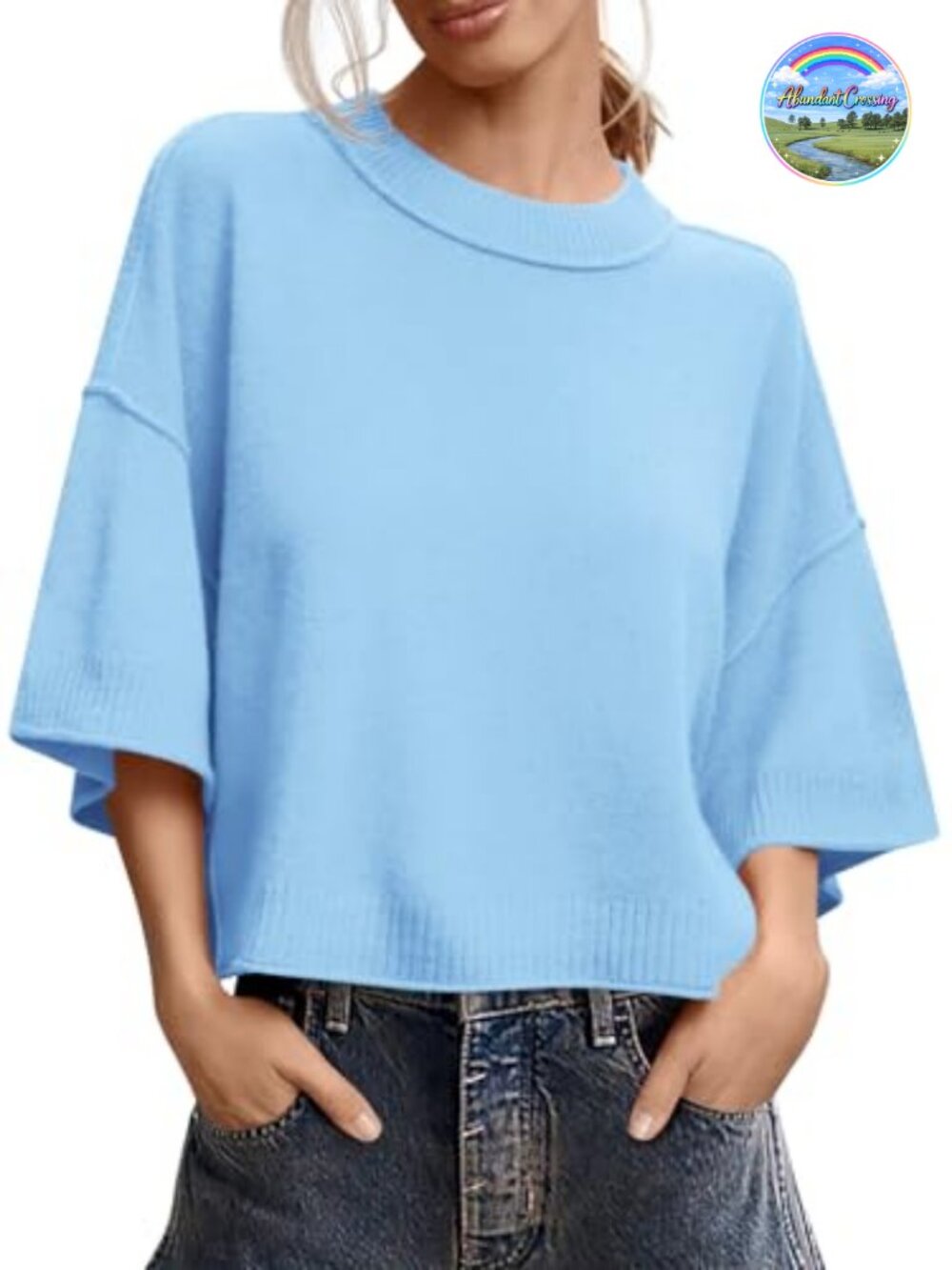 Oversized Cropped Short Sleeve Sweater Knit Top Loose Fit Crew Neck
